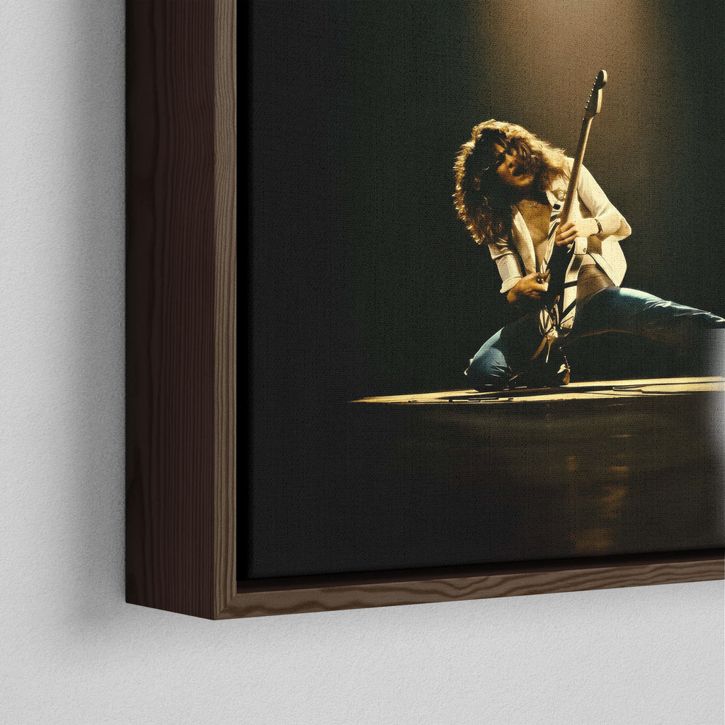 Corner close-up showing the rich grain and joinery of the dark walnut floating canvas frame.