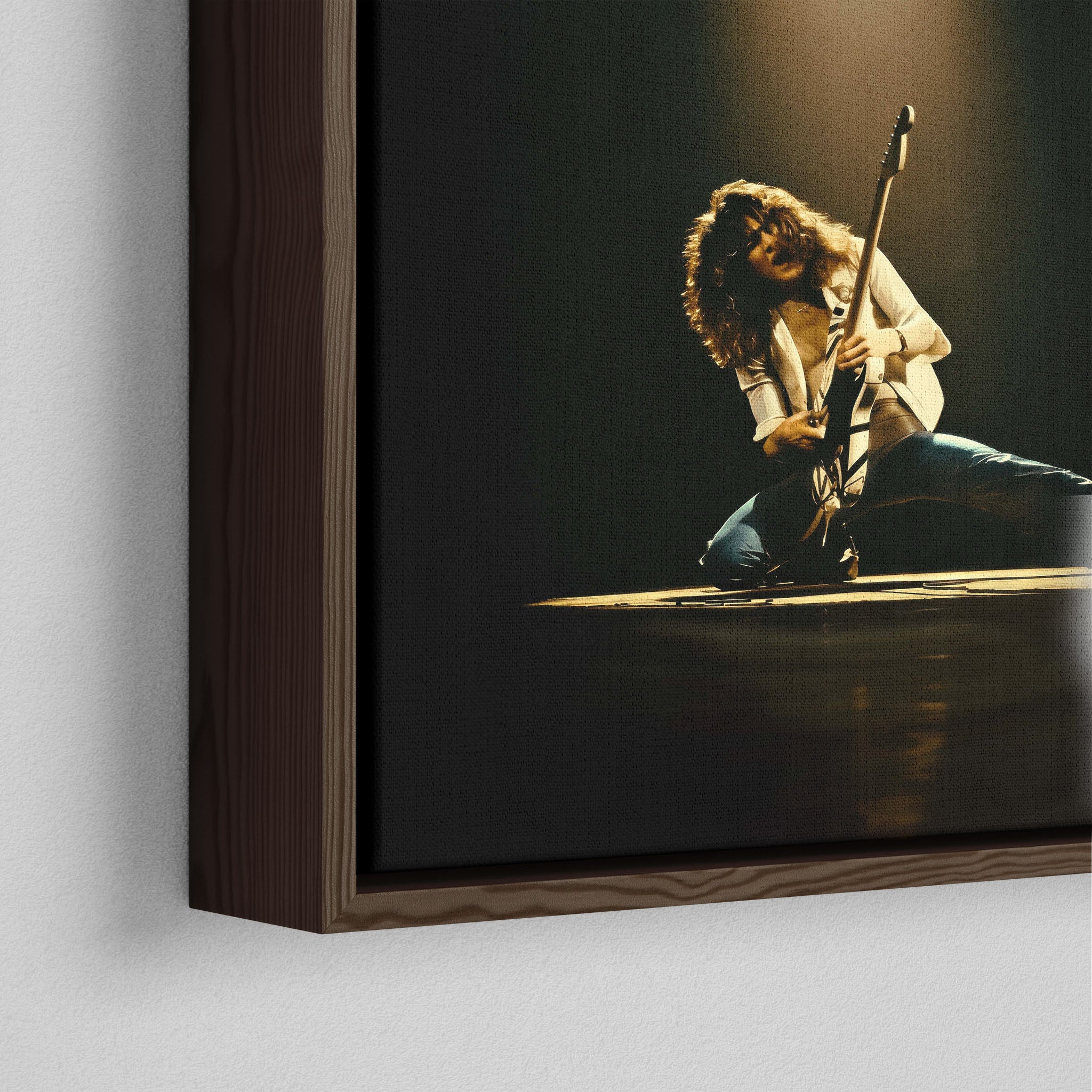 Corner close-up showing the rich grain and joinery of the dark walnut floating canvas frame.