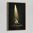 Angled view of the colorized canvas in a modern natural oak wood floating frame.