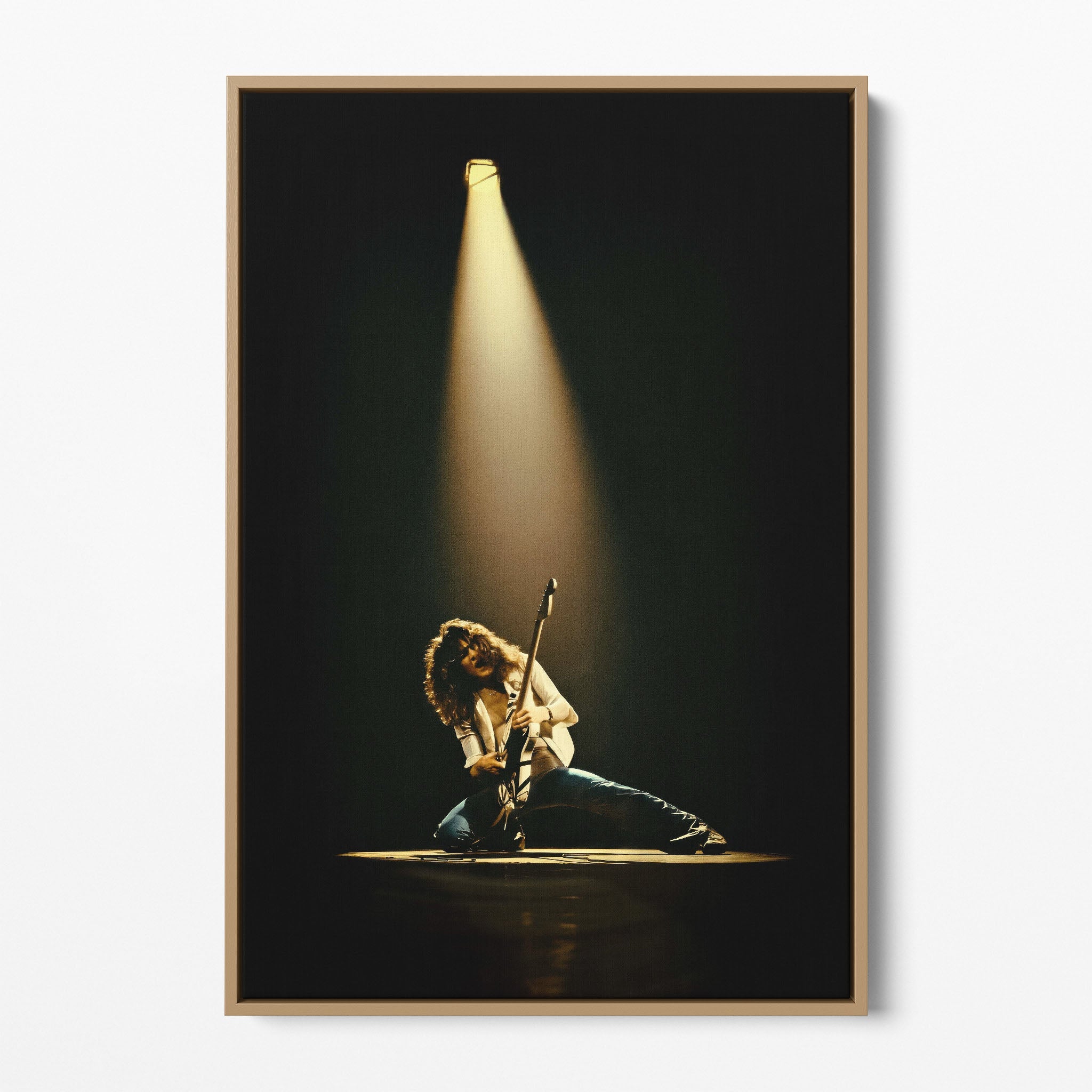Front display of the Eddie Van Halen 1978 colorized canvas in a premium natural wood floating frame.