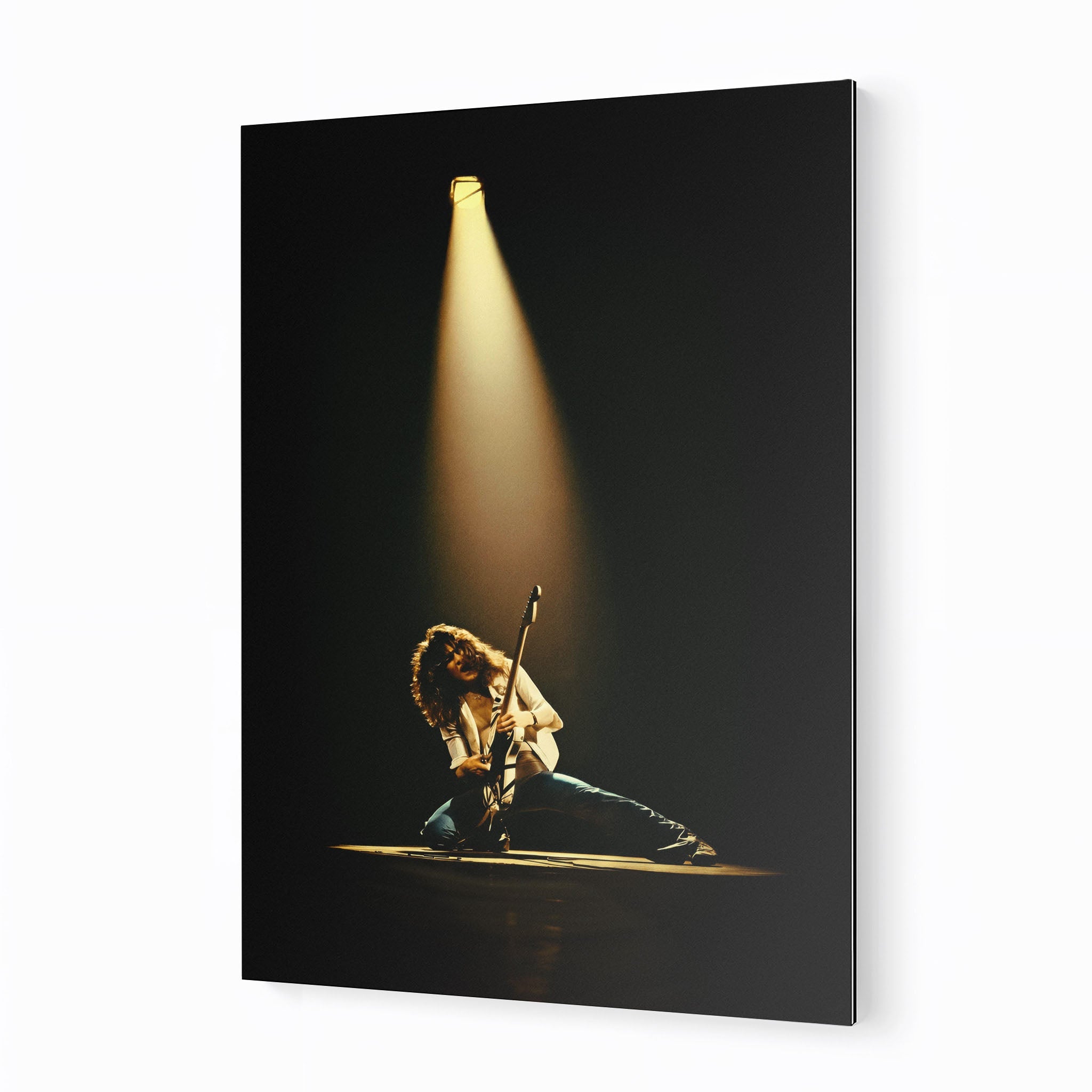 Premium colorized metal print of Eddie Van Halen at the 1978 Rainbow Theatre on an industrial-grade aluminum panel.