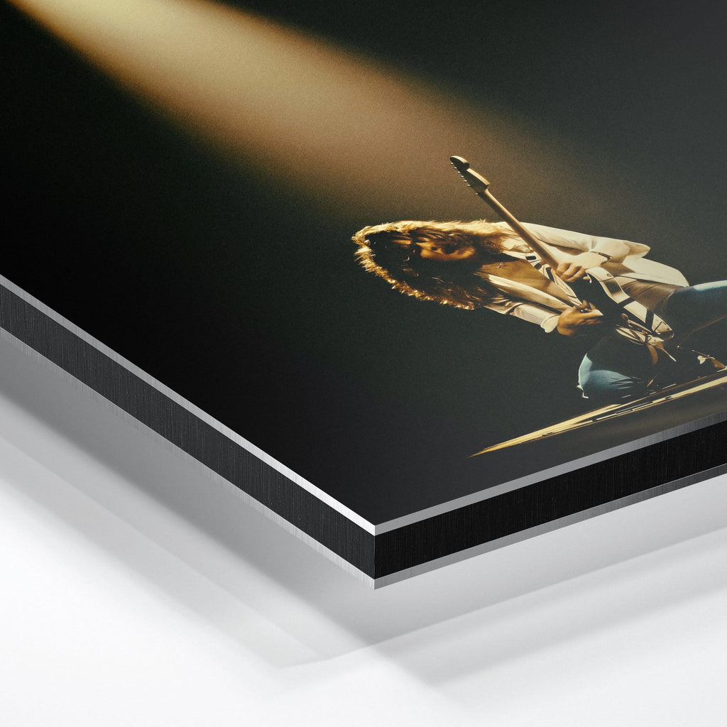 Macro close-up of the ultra-thin aluminum DIBOND panel edge of the Eddie Van Halen colorized metal print.