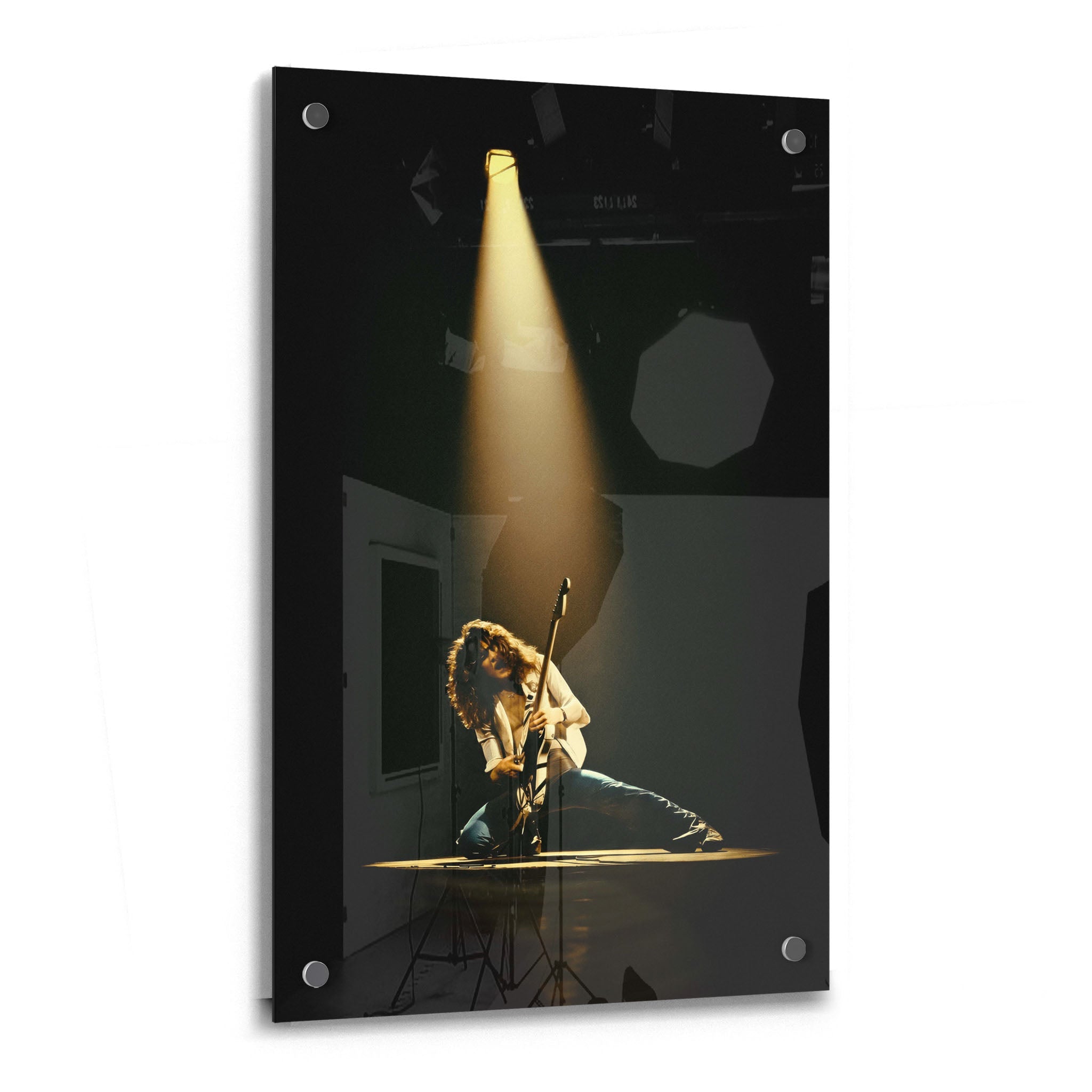 Crystal-clear acrylic glass colorized art print of Eddie Van Halen 1978 with polished edges.