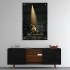 High-gloss acrylic glass colorized print of Eddie Van Halen displayed above a contemporary console.
