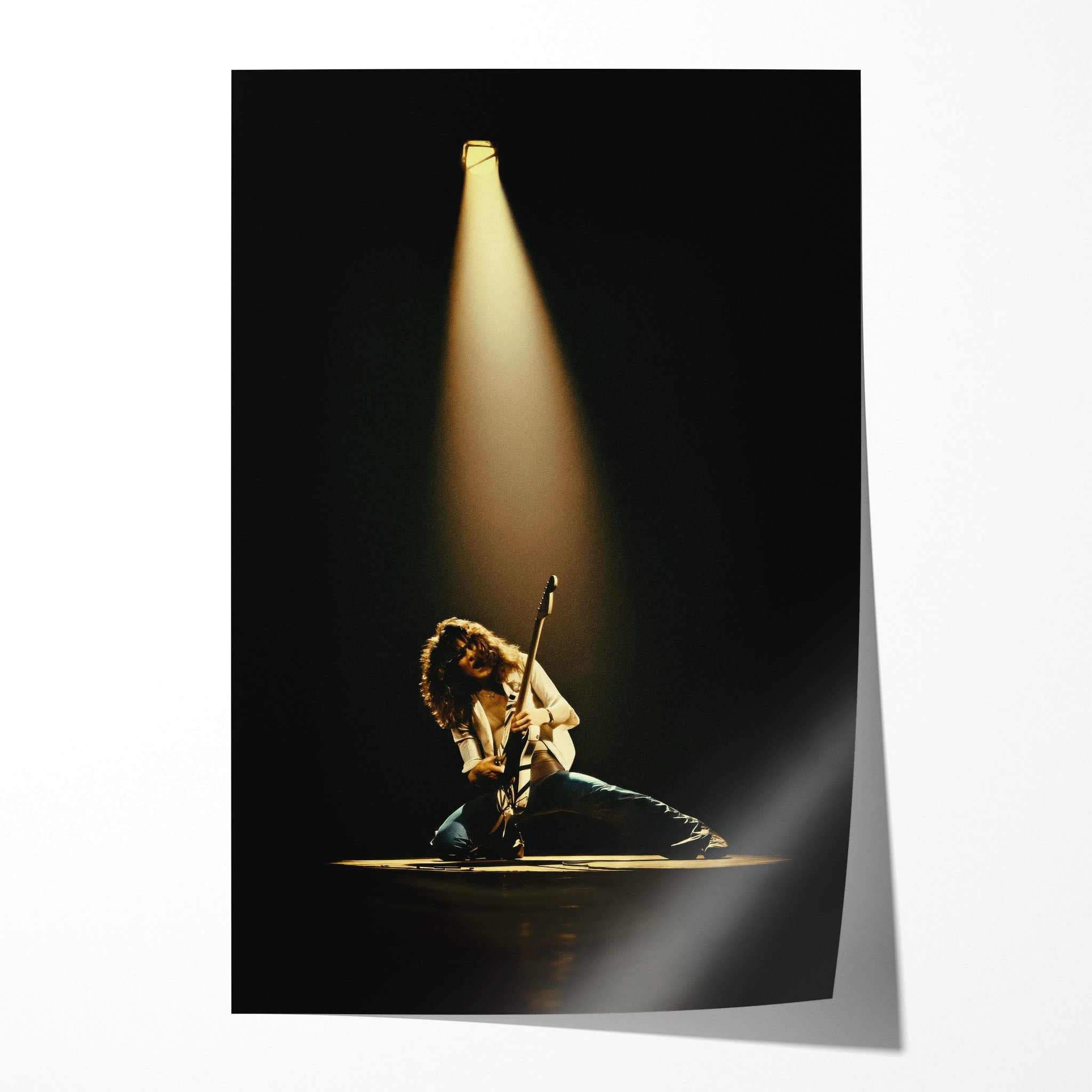 Unframed colorized Eddie Van Halen 1978 live concert poster print with film-era clarity and a realistic paper drop shadow.