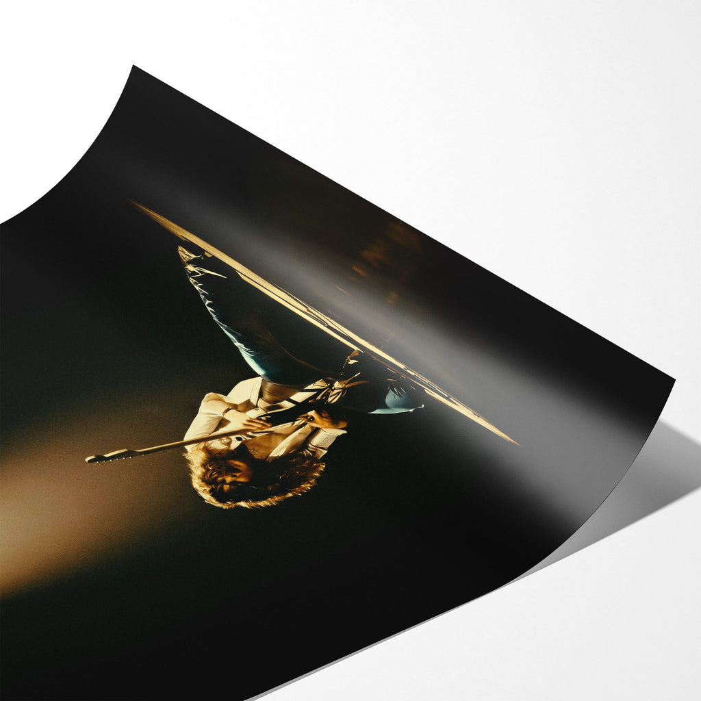 Angled close-up of the unframed premium matte colorized Eddie Van Halen 1978 Rainbow Theatre poster print.