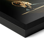 Detailed corner close-up of the premium black wooden frame holding the Eddie Van Halen 1978 colorized rock poster.