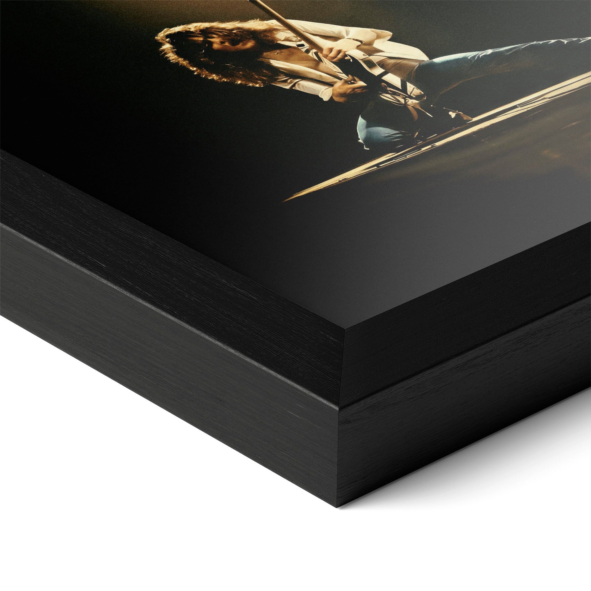 Detailed corner close-up of the premium black wooden frame holding the Eddie Van Halen 1978 colorized rock poster.