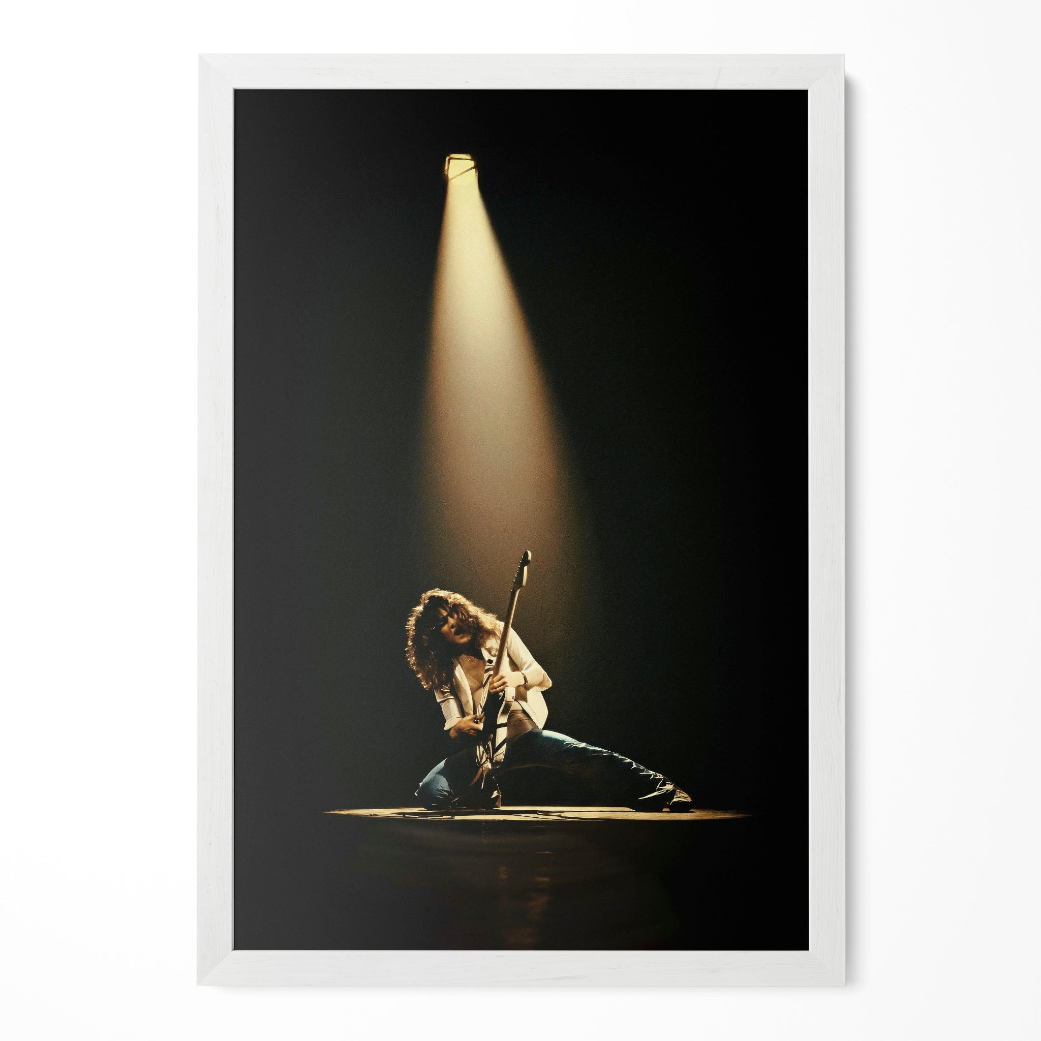 Eddie Van Halen 1978 Rainbow Theatre colorized poster in a modern minimalist white wooden frame by POSTEREVER.