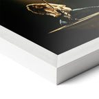 Corner close-up revealing the clean wood grain of the white framed Eddie Van Halen 1978 colorized art print.