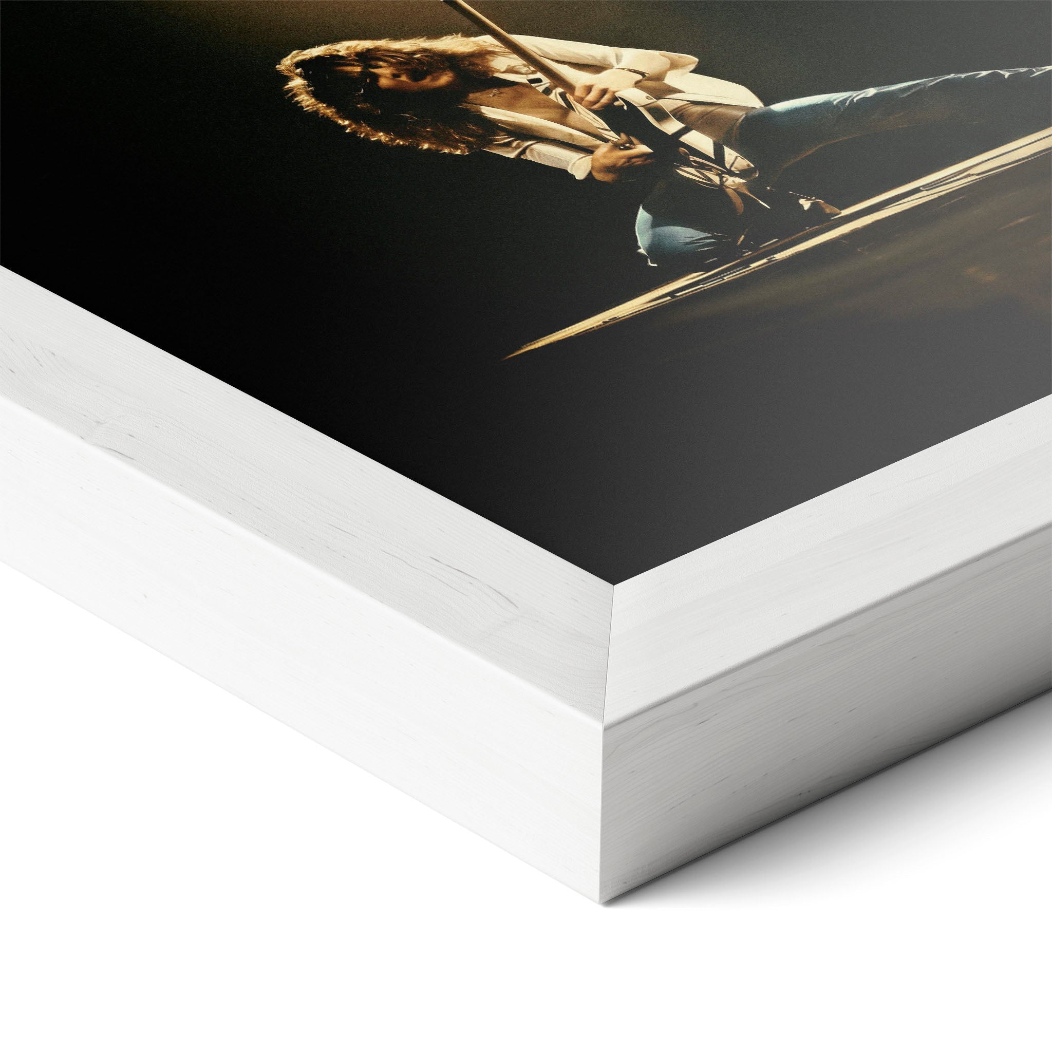 Corner close-up revealing the clean wood grain of the white framed Eddie Van Halen 1978 colorized art print.