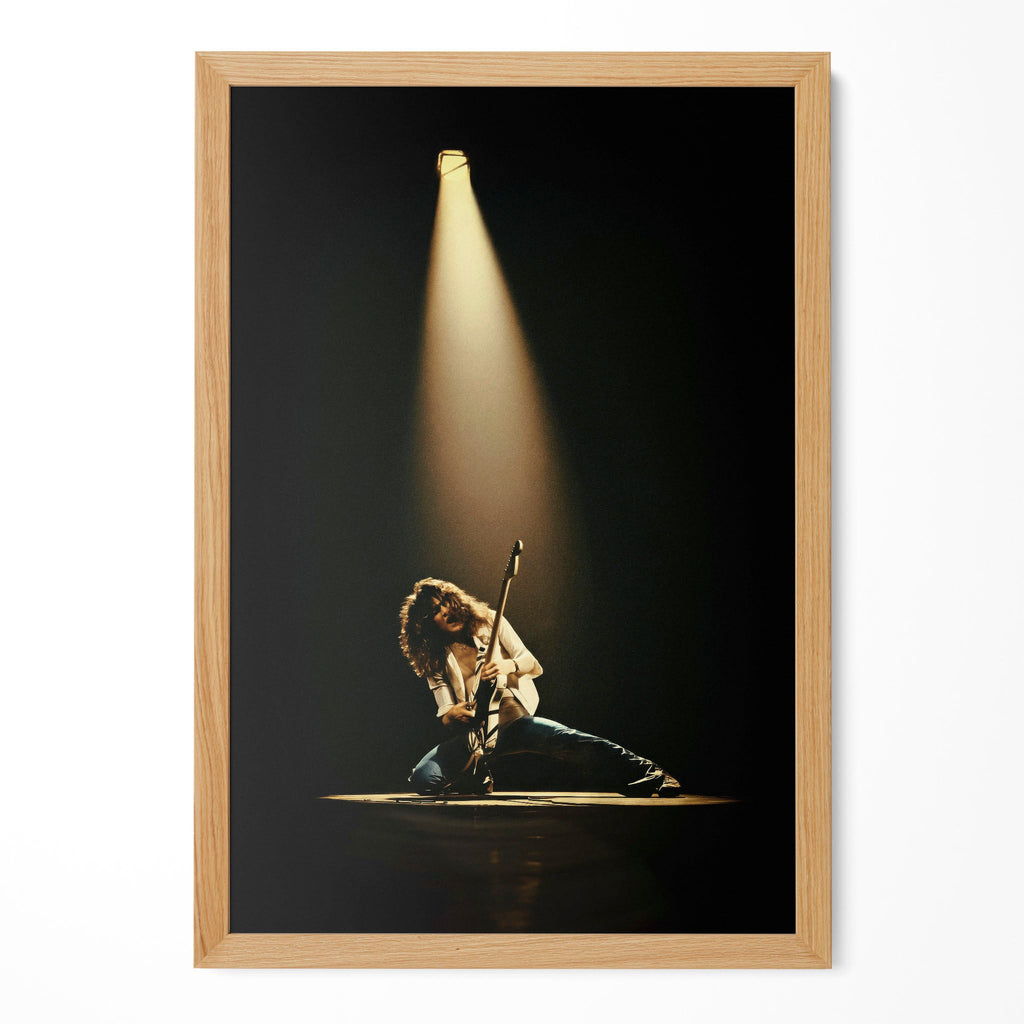 Eddie Van Halen 1978 live colorized guitar poster in a premium natural oak wood frame by POSTEREVER.