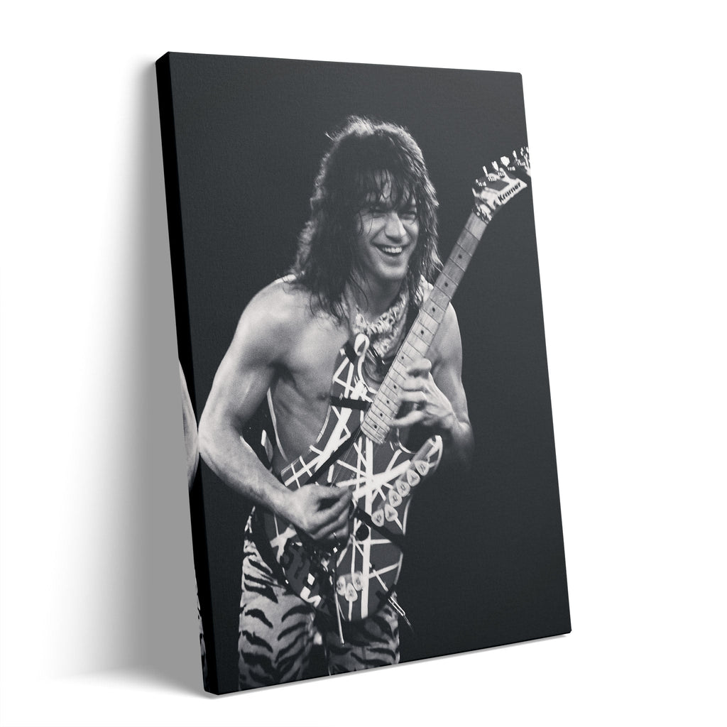 Premium gallery-wrapped black and white canvas print of Eddie Van Halen live at the 1984 Cow Palace.