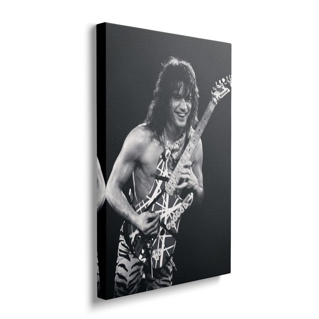 Front view of the heavy-weight black and white canvas wall art print of Eddie Van Halen in 1984.
