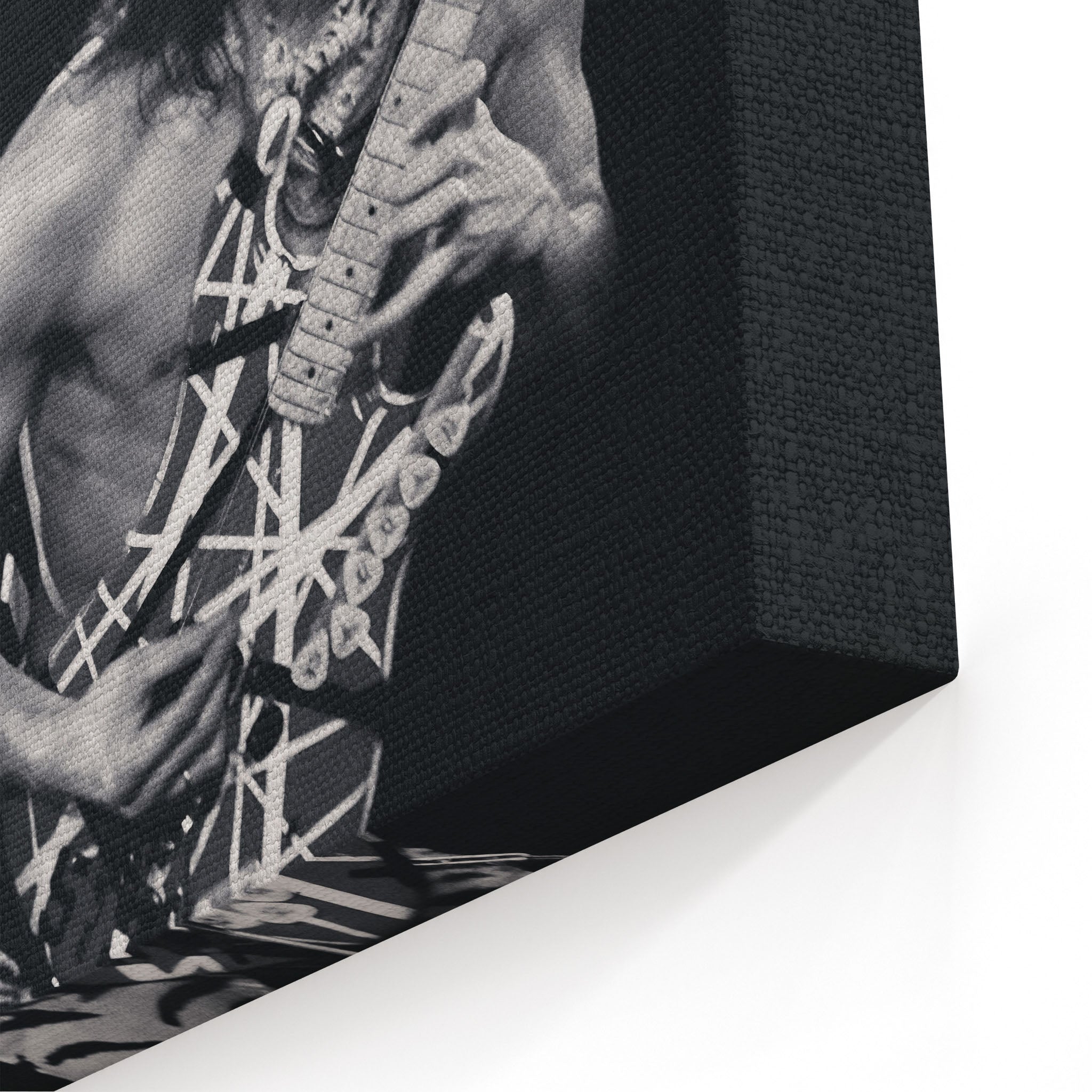 Close-up of the archival canvas texture and sharp black and white print detail on the gallery-wrapped edge.