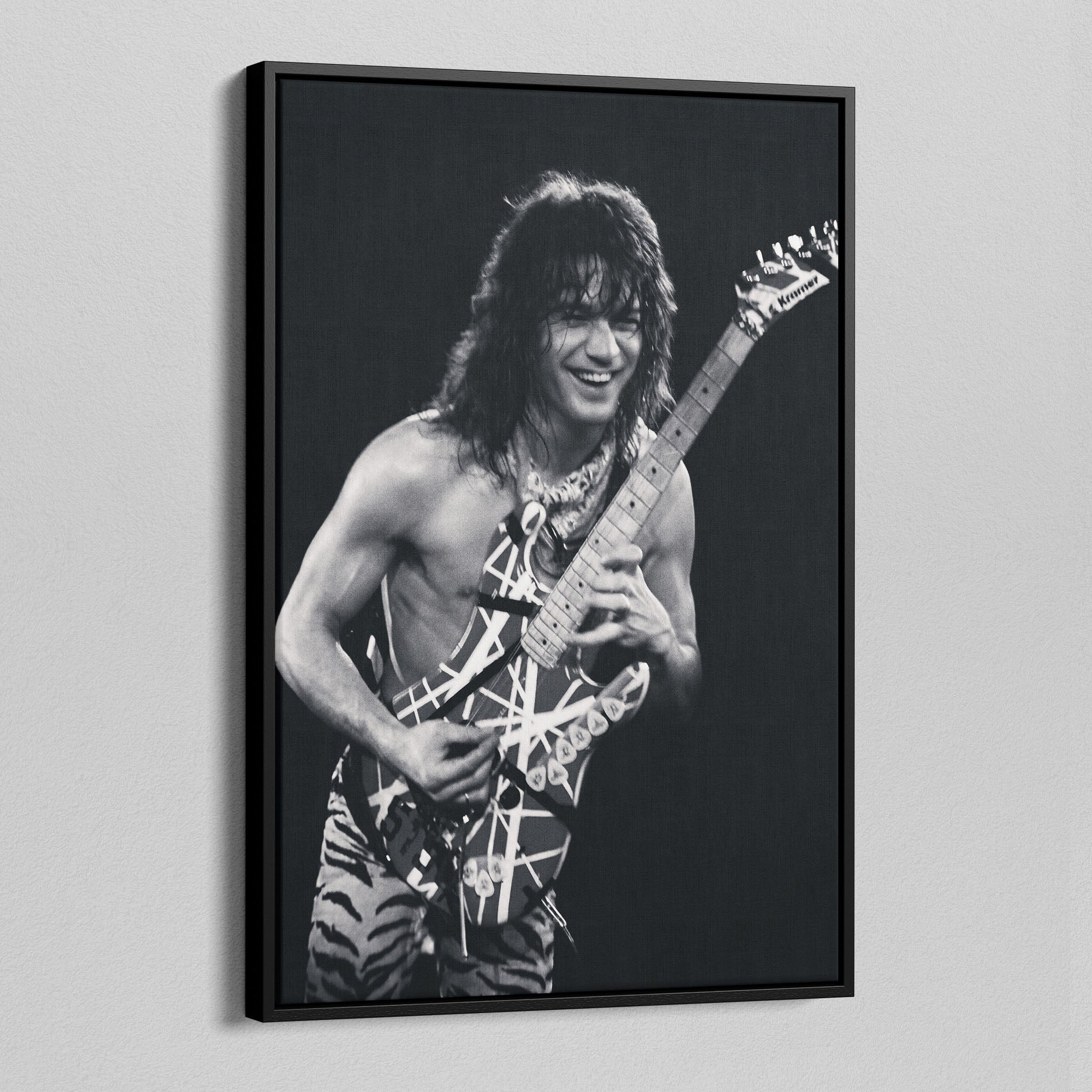 Side angle of the Eddie Van Halen 1984 black and white canvas in a luxury minimalist black floating frame.