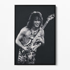 Front view of the Eddie Van Halen 1984 black and white canvas in a sleek black floating frame.