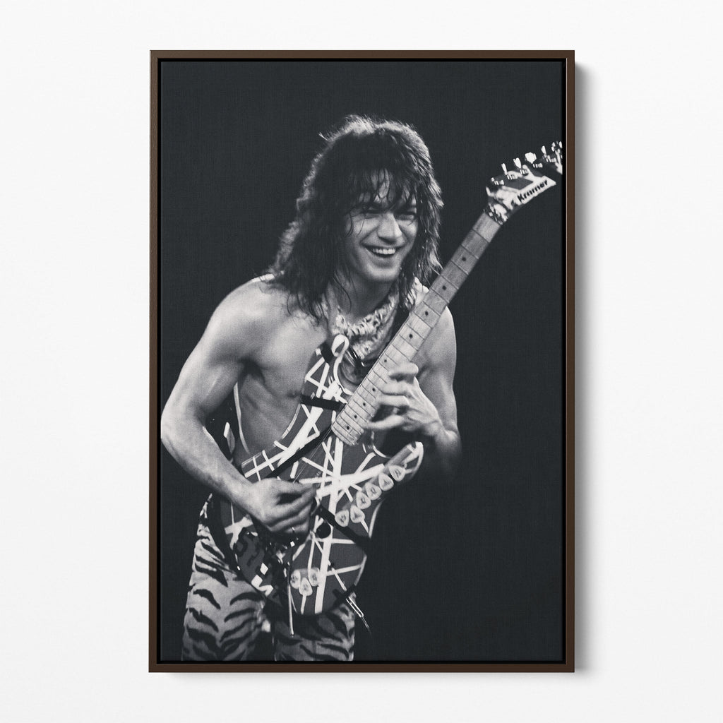 Front display of the Eddie Van Halen 1984 black and white canvas in a premium dark walnut floating frame.