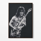 Front display of the Eddie Van Halen 1984 black and white canvas in a premium dark walnut floating frame.