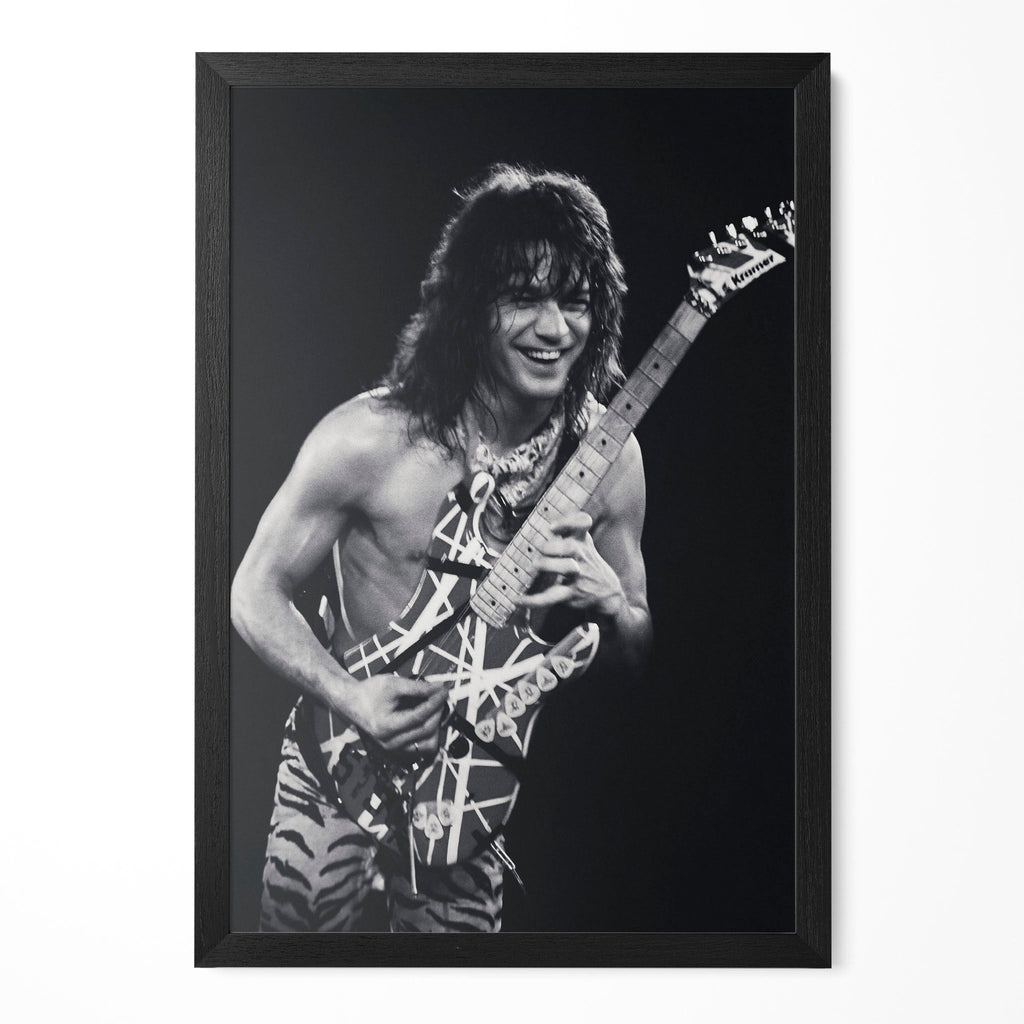 Eddie Van Halen 1984 Cow Palace black and white poster in a premium classic black wooden frame by POSTEREVER.