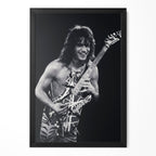 Eddie Van Halen 1984 Cow Palace black and white poster in a premium classic black wooden frame by POSTEREVER.