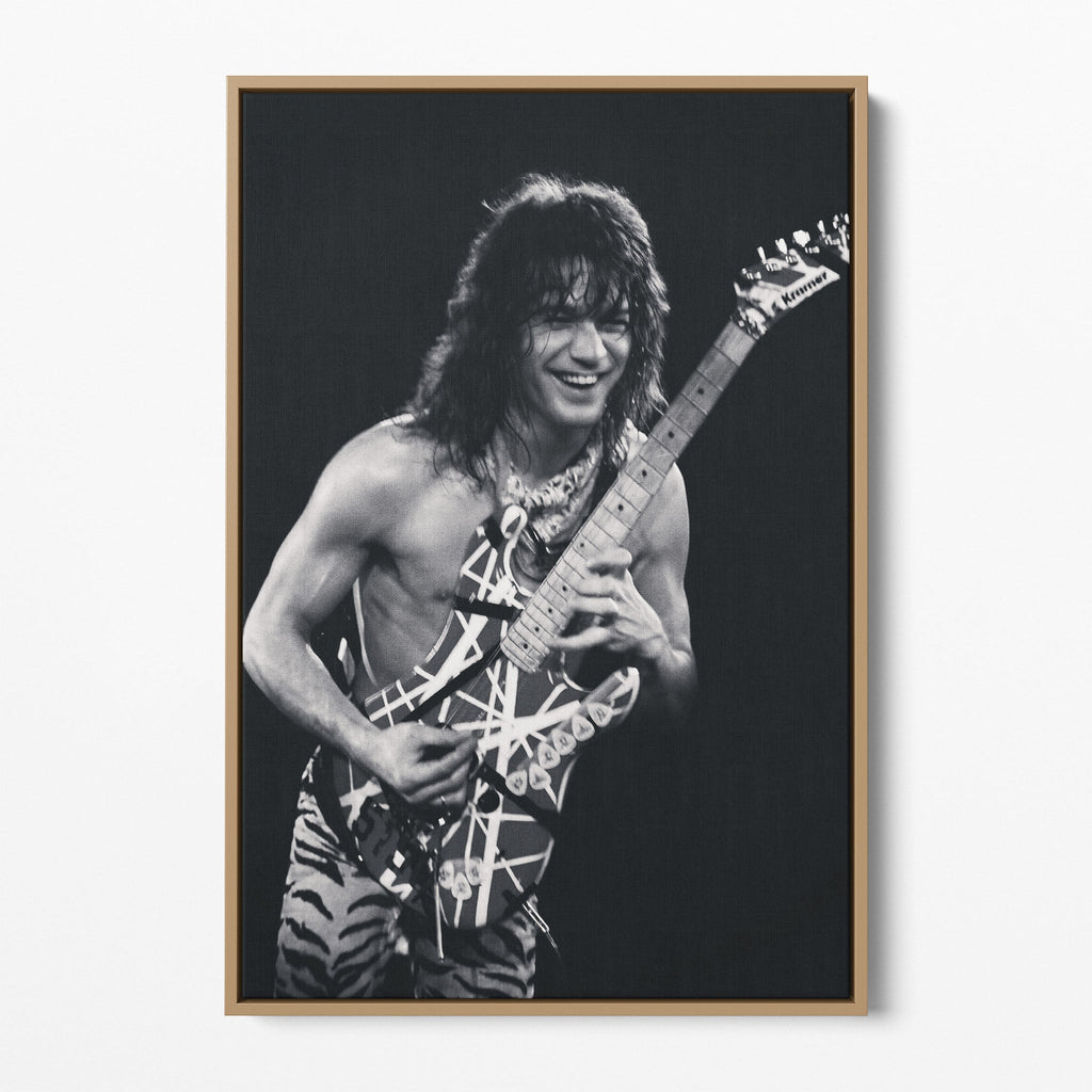 Front display of the Eddie Van Halen 1984 black and white canvas in a premium natural wood floating frame.