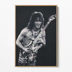 Front display of the Eddie Van Halen 1984 black and white canvas in a premium natural wood floating frame.