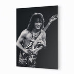 Premium black and white metal print of Eddie Van Halen at the 1984 Cow Palace on an industrial-grade aluminum panel.