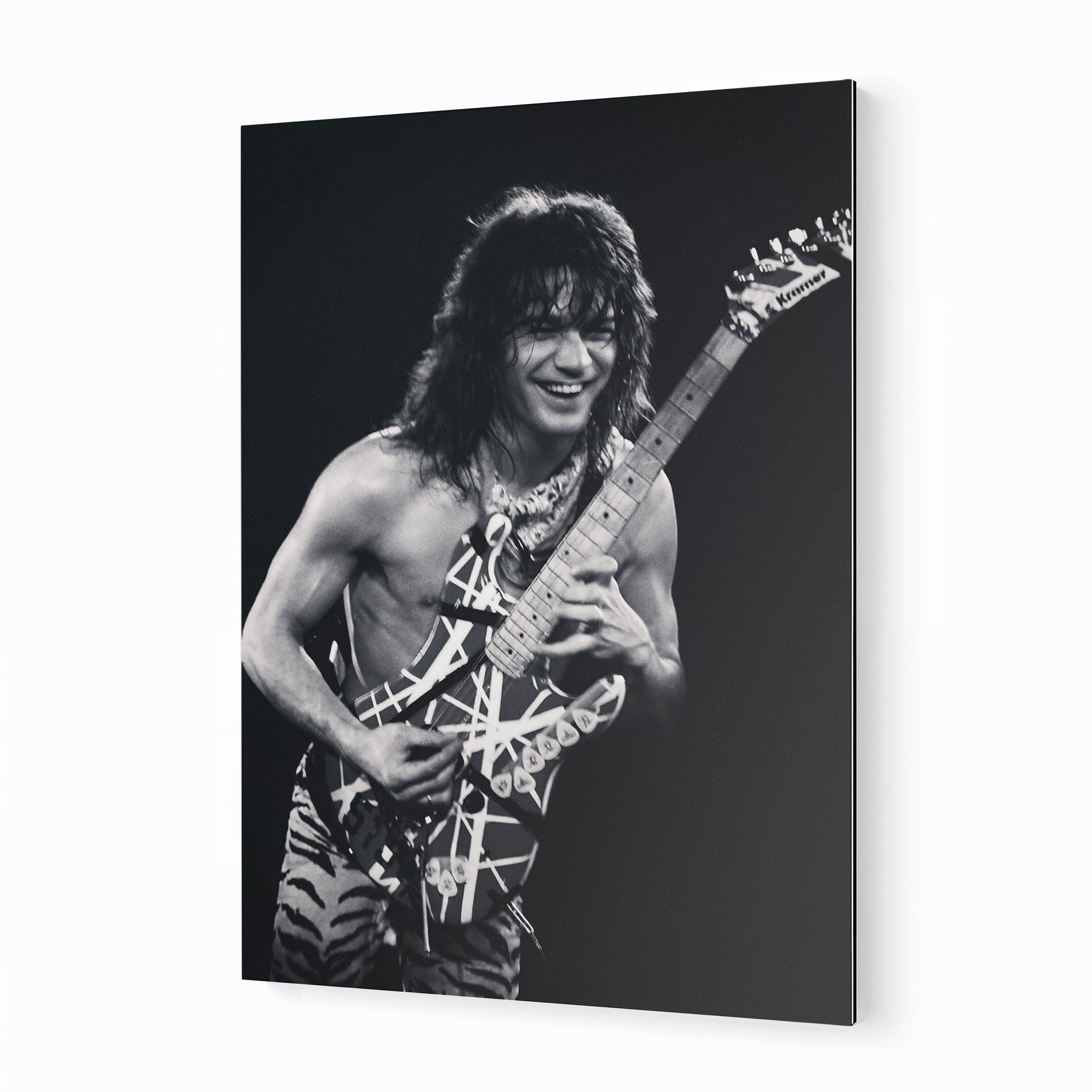 Premium black and white metal print of Eddie Van Halen at the 1984 Cow Palace on an industrial-grade aluminum panel.