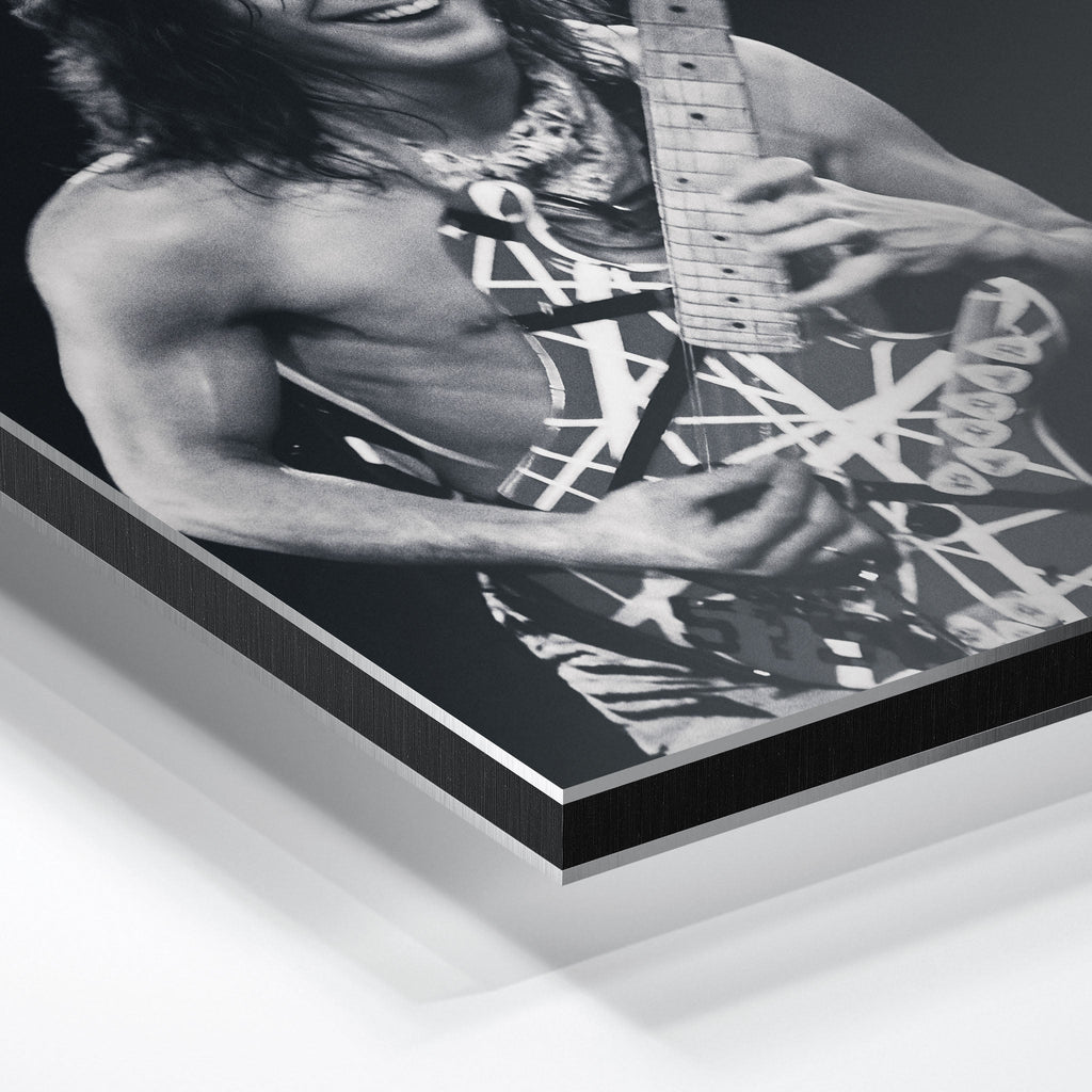 Macro close-up of the ultra-thin aluminum DIBOND panel edge of the Eddie Van Halen black and white metal print.