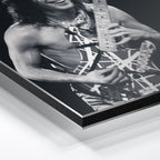 Macro close-up of the ultra-thin aluminum DIBOND panel edge of the Eddie Van Halen black and white metal print.
