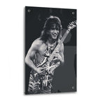Crystal-clear acrylic glass black and white art print of Eddie Van Halen 1984 with polished edges.