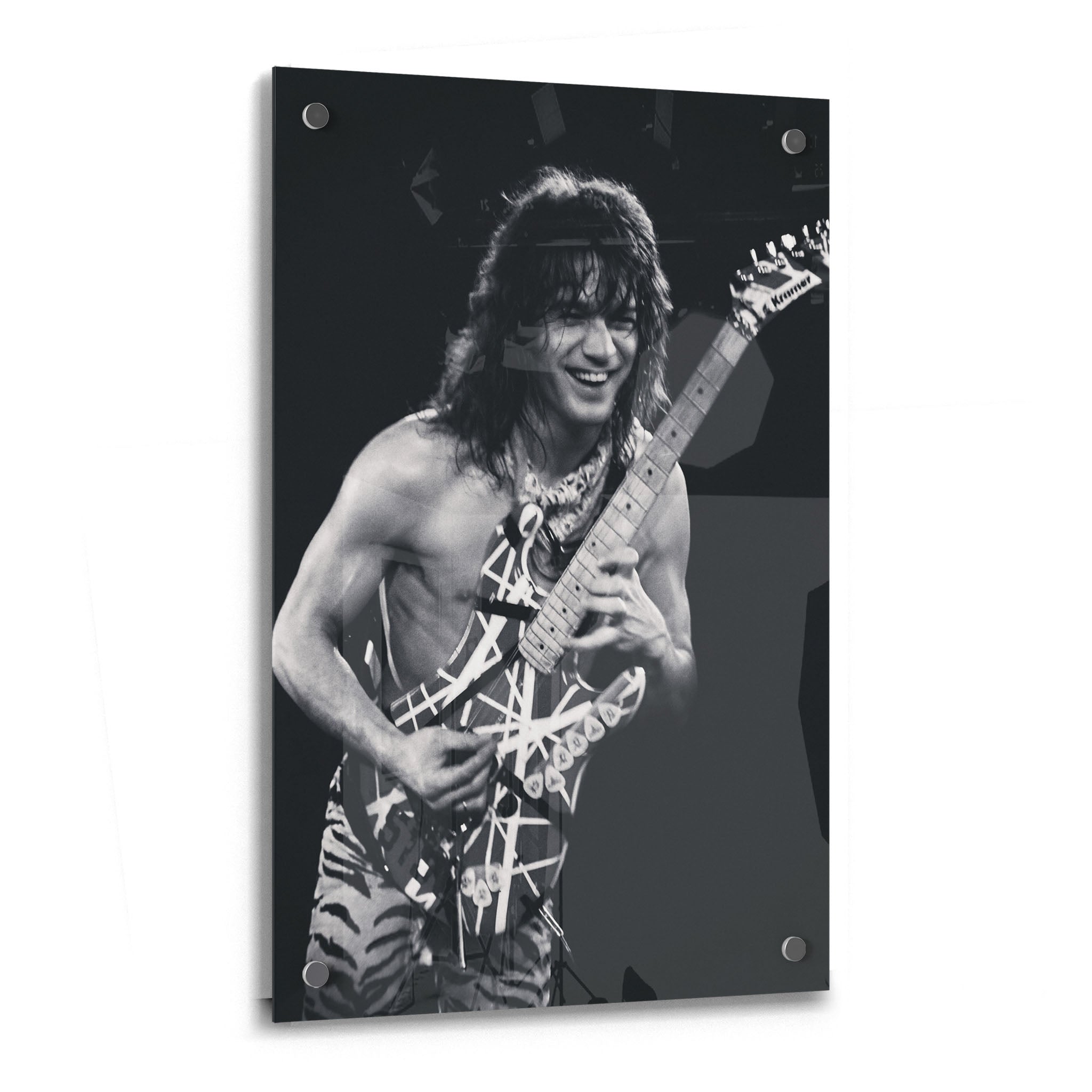 Crystal-clear acrylic glass black and white art print of Eddie Van Halen 1984 with polished edges.