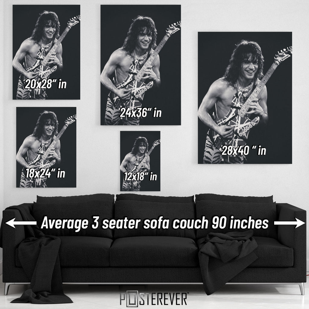 Eddie Van Halen 1984 Cow Palace black and white wall art size comparison chart shown above an average 90-inch three-seater sofa.