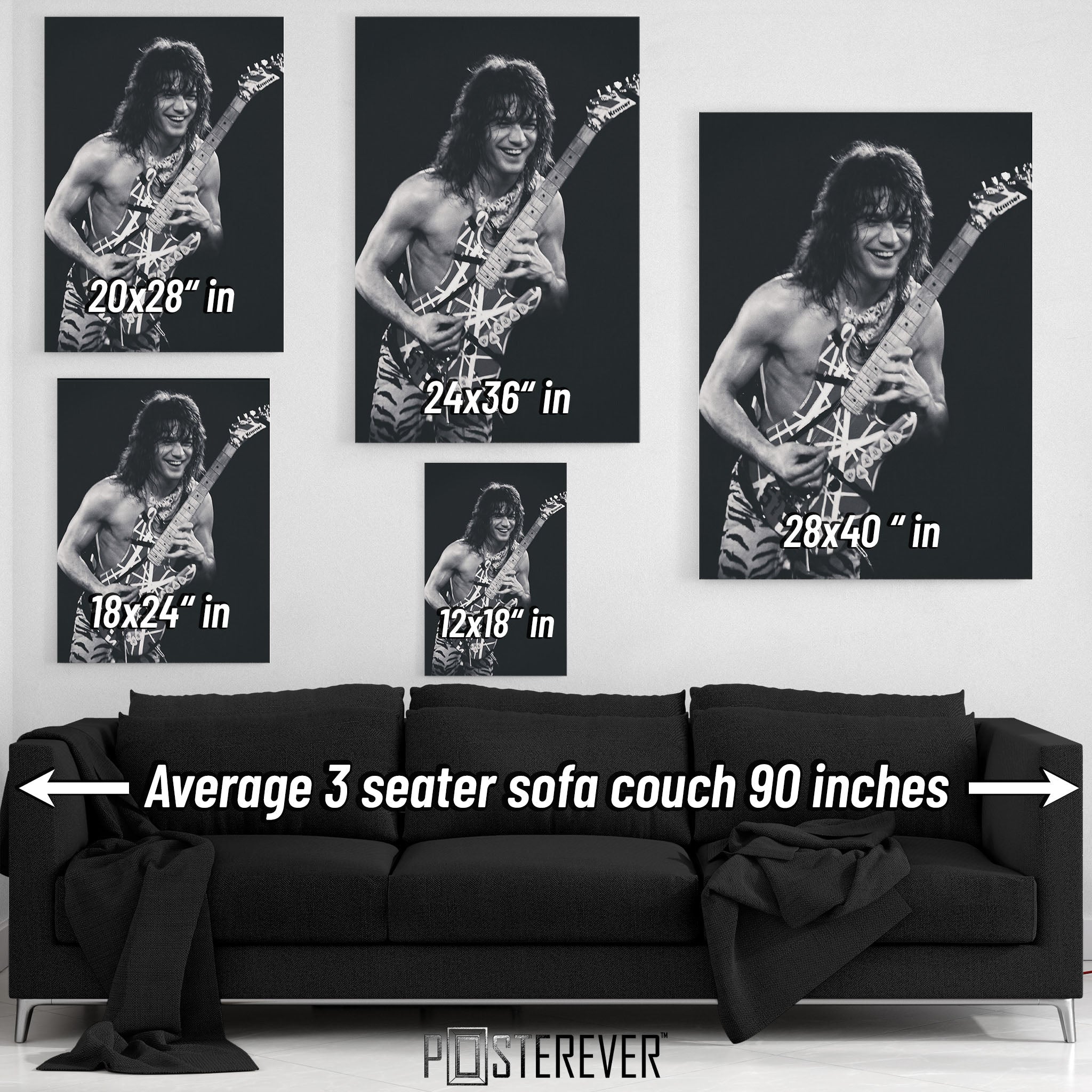 Eddie Van Halen 1984 Cow Palace black and white wall art size comparison chart shown above an average 90-inch three-seater sofa.