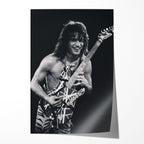 Unframed black and white Eddie Van Halen 1984 Cow Palace concert poster print with film-era clarity and a realistic paper drop shadow.