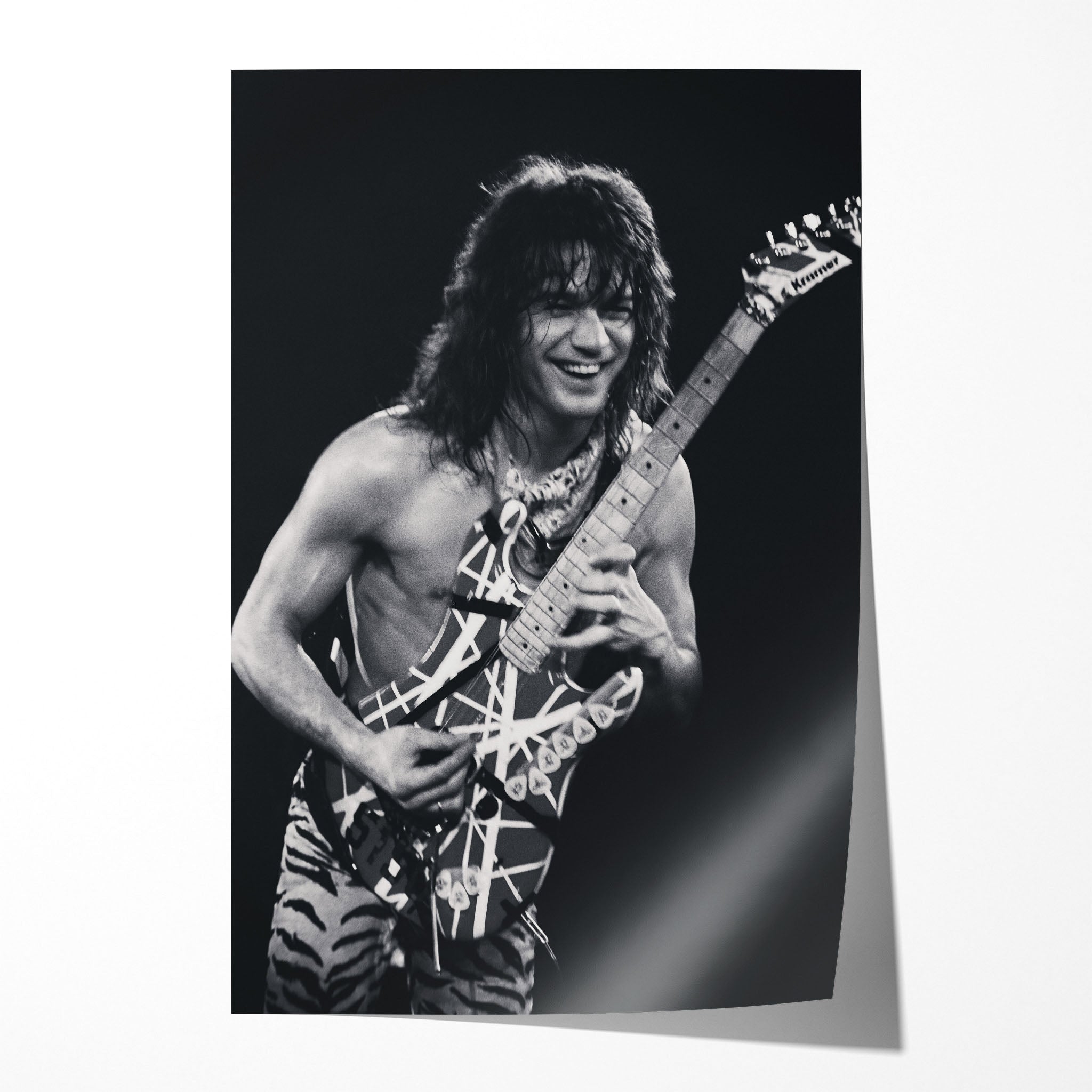 Unframed black and white Eddie Van Halen 1984 Cow Palace concert poster print with film-era clarity and a realistic paper drop shadow.