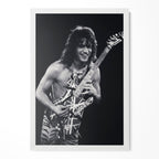 Eddie Van Halen 1984 Cow Palace black and white poster in a modern minimalist white wooden frame by POSTEREVER.