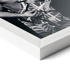 Corner close-up revealing the clean wood grain of the white framed Eddie Van Halen 1984 black and white art print.