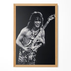 Eddie Van Halen 1984 live black and white guitar poster in a premium natural oak wood frame by POSTEREVER.