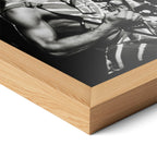 Corner close-up highlighting the natural oak finish of the framed Eddie Van Halen black and white poster.