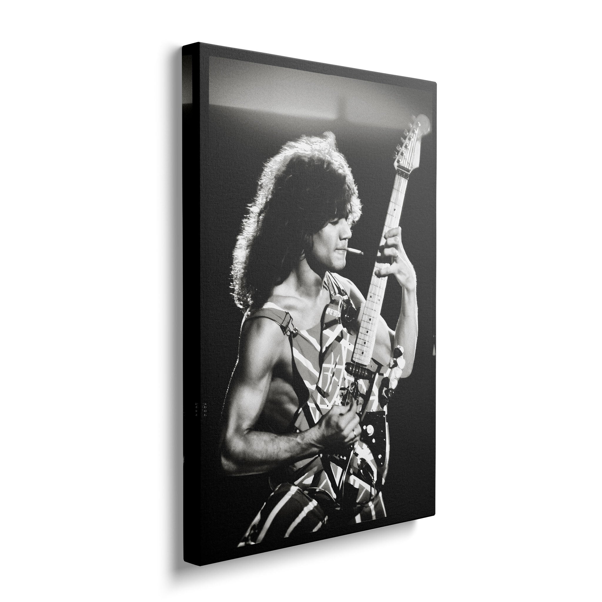 Front view of the heavy-weight black and white canvas wall art print of rock legend Eddie Van Halen.