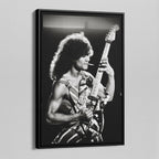 Side angle of the Eddie Van Halen black and white canvas in a luxury minimalist black floating frame.
