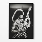 Front view of the Eddie Van Halen 1982 black and white canvas in a sleek black floating frame.