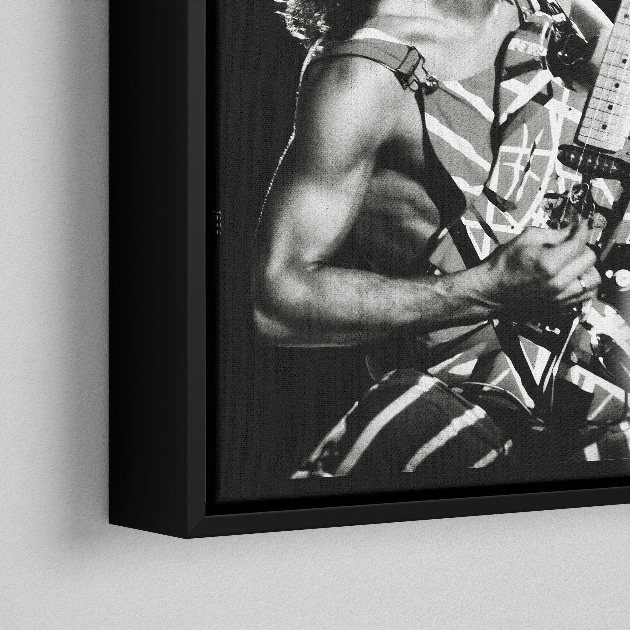 Corner macro of the elegant floating gap and fine finish of the black floating canvas frame.