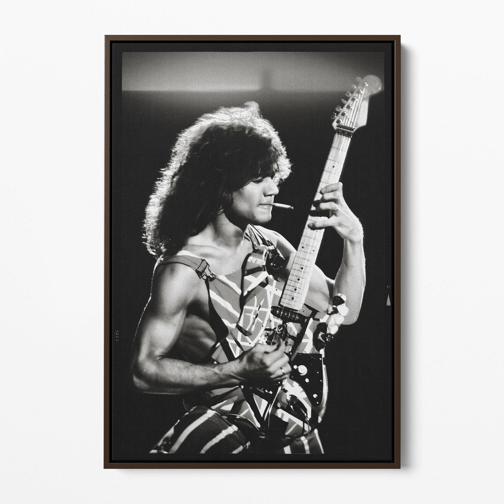 Front display of the Eddie Van Halen black and white canvas in a premium dark walnut floating frame.