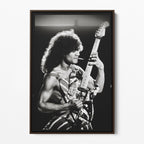 Front display of the Eddie Van Halen black and white canvas in a premium dark walnut floating frame.