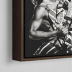 Corner close-up showing the rich grain and joinery of the dark walnut floating canvas frame.
