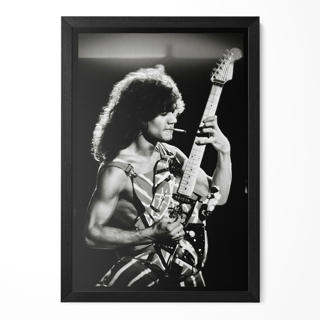 Eddie Van Halen 1982 Diver Down Tour black and white poster in a premium classic black wooden frame by POSTEREVER.