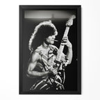 Eddie Van Halen 1982 Diver Down Tour black and white poster in a premium classic black wooden frame by POSTEREVER.